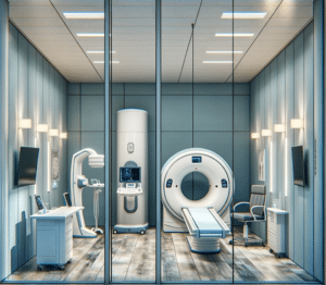 a photo-realistic image that represents a modern medical imaging center with various rooms labeled for different equipment such as X-ray, MRI, and ultrasound