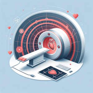 A state-of-the-art MRI machine with a focus on heart imaging. The design is professional and medically accurate, aligning with the theme of cardiac healthcare