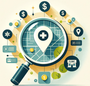 A magnifying glass over a stylized map marked with cost-effective icons, all set against a light and approachable background