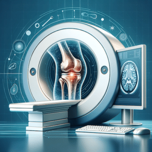 Visual representation of an MRI machine with a knee joint in the middle of it