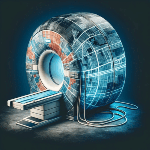 an MRI scanner integrated with map elements, symbolizing the navigation or location of MRI services