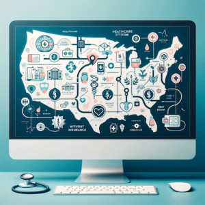 A conceptual map of the United States with healthcare symbols, paths, and routes.